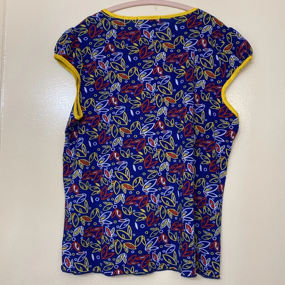 Blue and Yellow Leaf Print Blouse - Picture 3 of 3